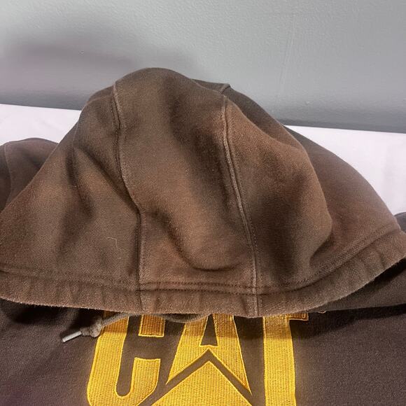 CAT Caterpillar Hoodie XL Brown Workwear Distressed Stains Heavyweight Pullover - Picture 4 of 14